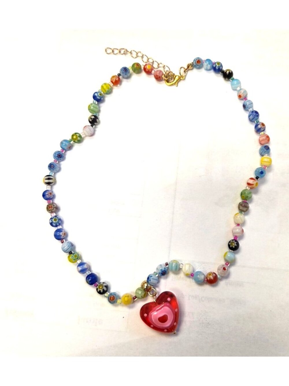 Glass/Acrylic Beaded Necklace With Red Heart Pendant & Gold Accents Adjustable L